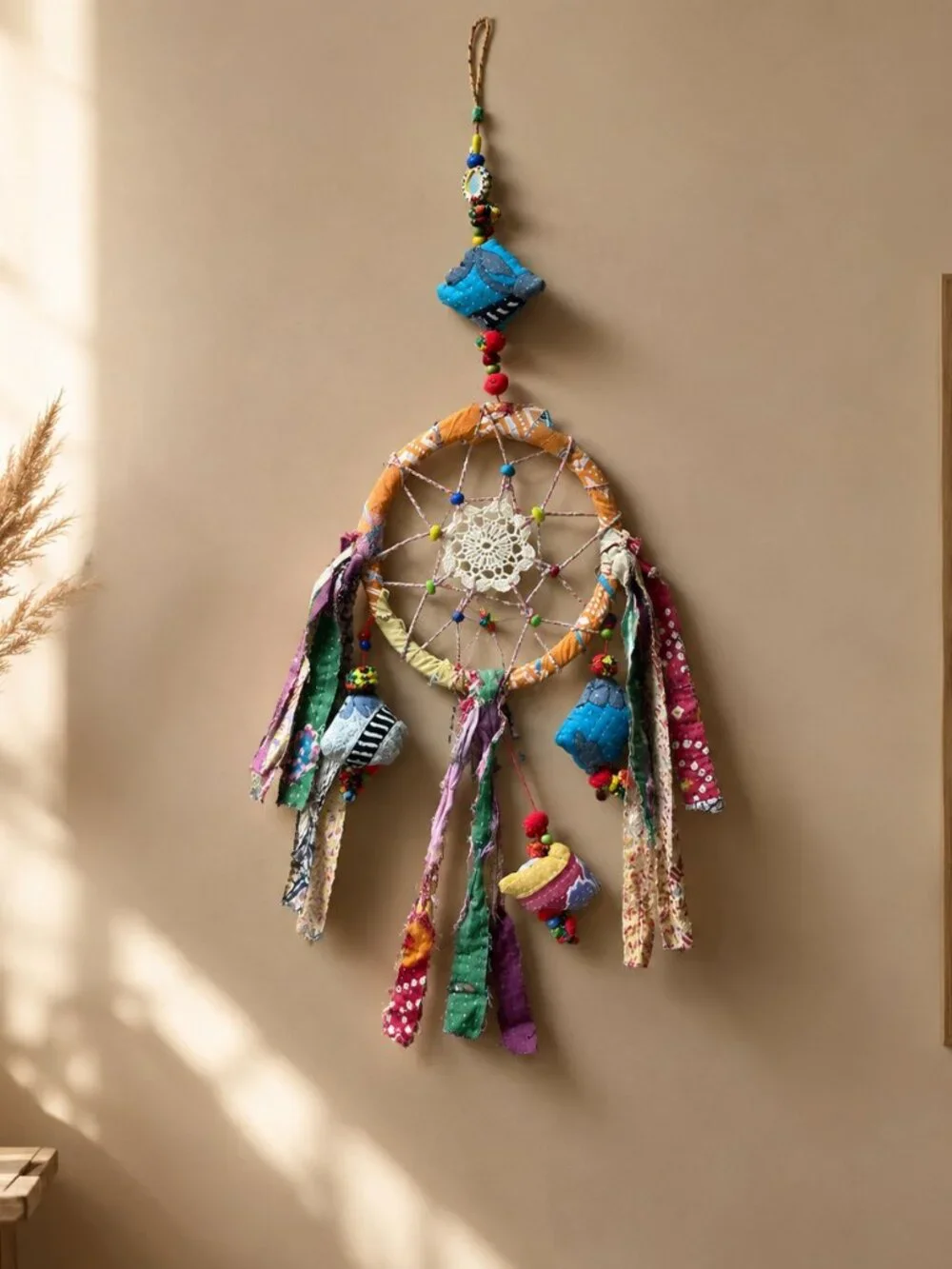Boho Dreamcatcher Wall Hanging Kantha Sari Fabric Beads Pom Poms 29 in Shop NOS